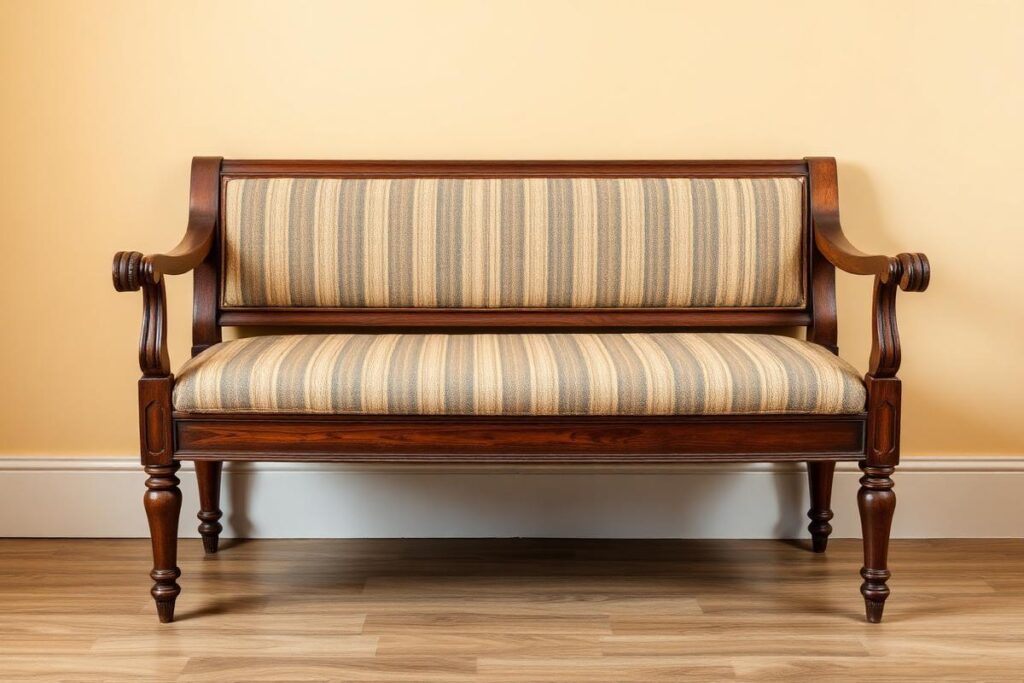 Banca de madera restaurada con tapiz de rayas