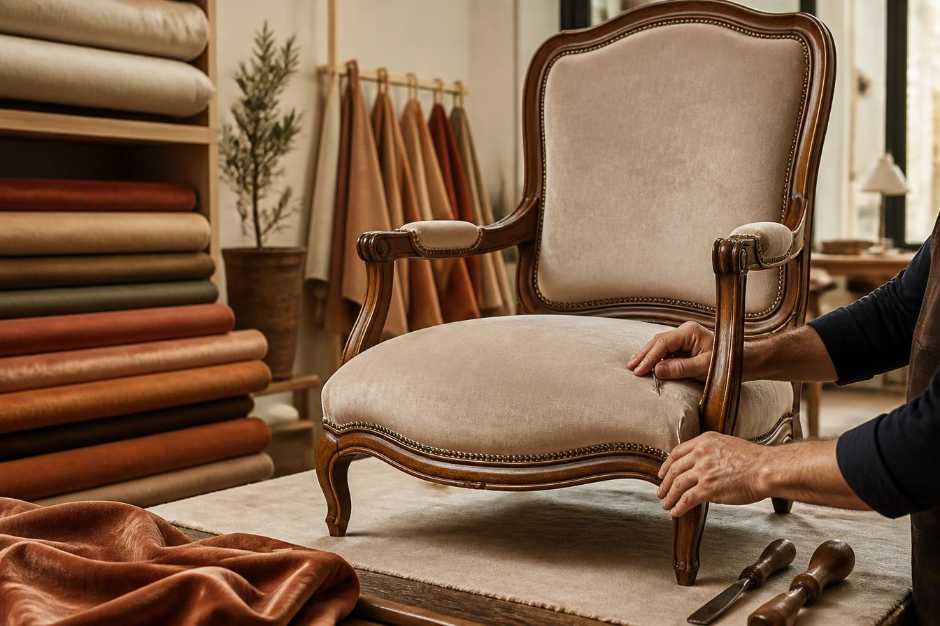 Tapicero trabajando en la restauración de un sillón clásico en León, Guanajuato